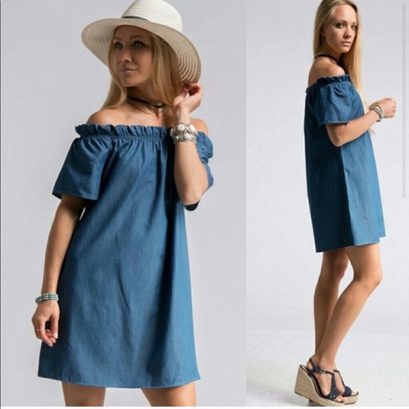 Off Shoulder Chambray Shift Dress - Picture 1 of 11